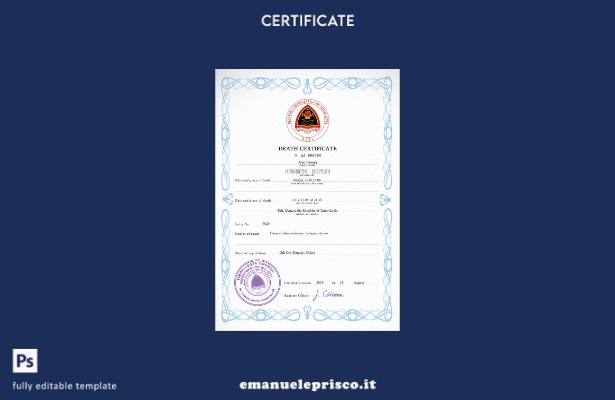 modello PSD del certificato di morte dei documenti di stato civile di Timor Est 